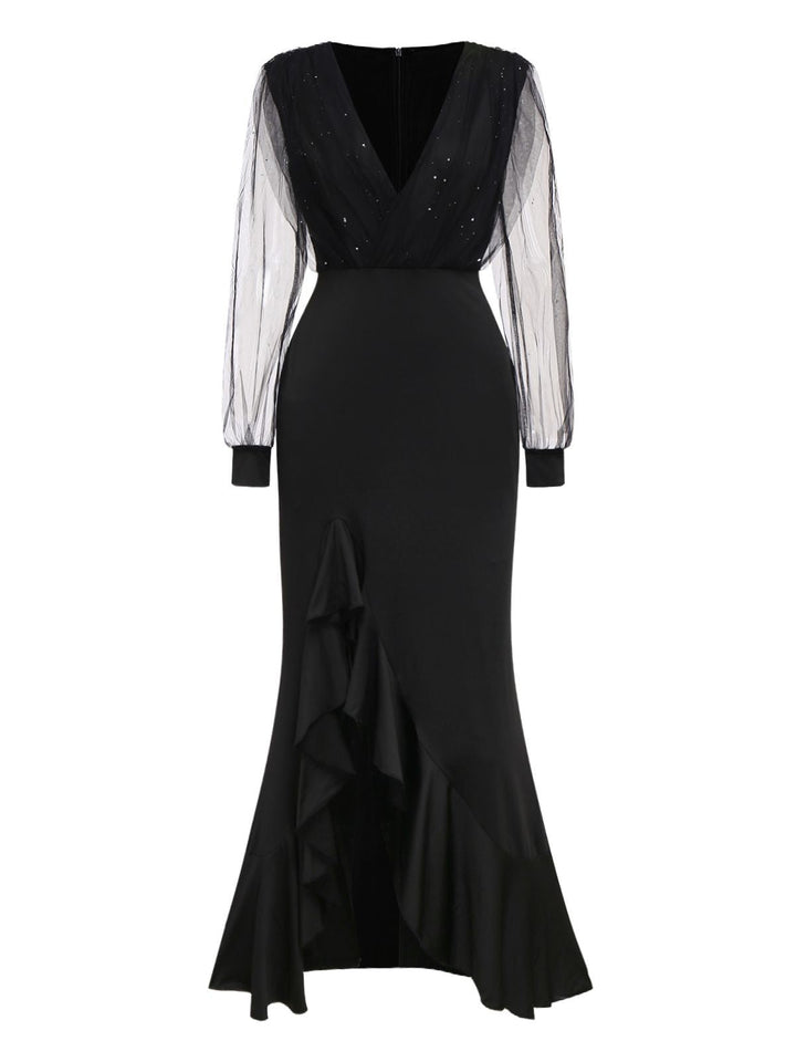 Black 1930s Solid V-Neck Sequined Irregular Hem Dress - vintage dress, retro fashion, classic black