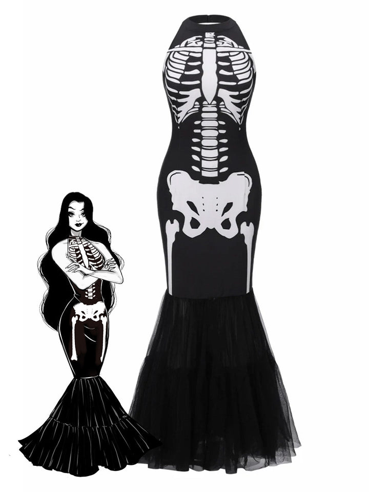Black &amp; White 1930s Halter Skull Mesh Fishtail Dress - vintage dress, retro fashion, classic black