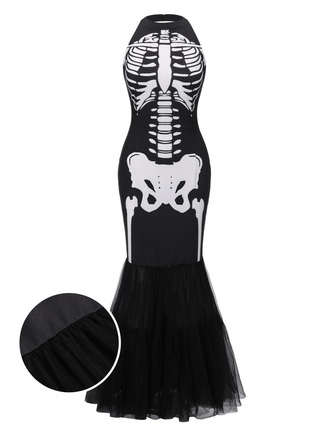 Black &amp; White 1930s Halter Skull Mesh Fishtail Dress - vintage dress, retro fashion, classic black