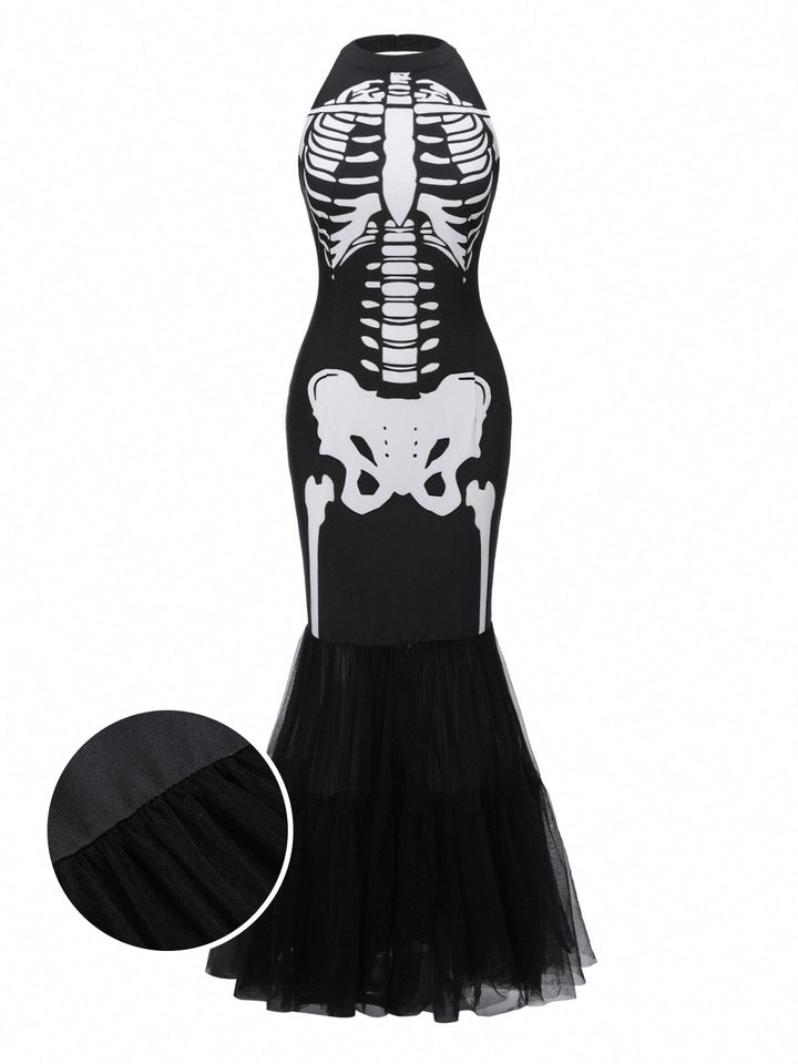 Black &amp; White 1930s Halter Skull Mesh Fishtail Dress - vintage dress, retro fashion, classic black