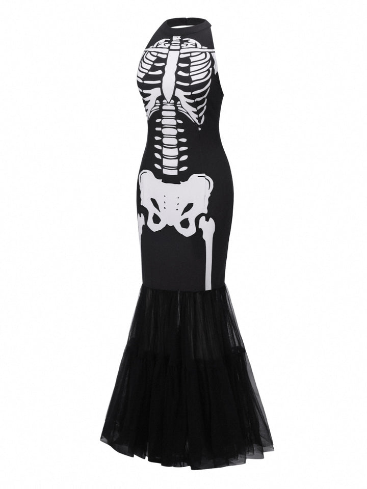Black &amp; White 1930s Halter Skull Mesh Fishtail Dress - vintage dress, retro fashion, classic black