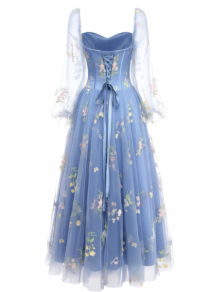 Blue 1930s Floral Embroidered Mesh Long Sleeve Dress - vintage dress, retro fashion, elegant red