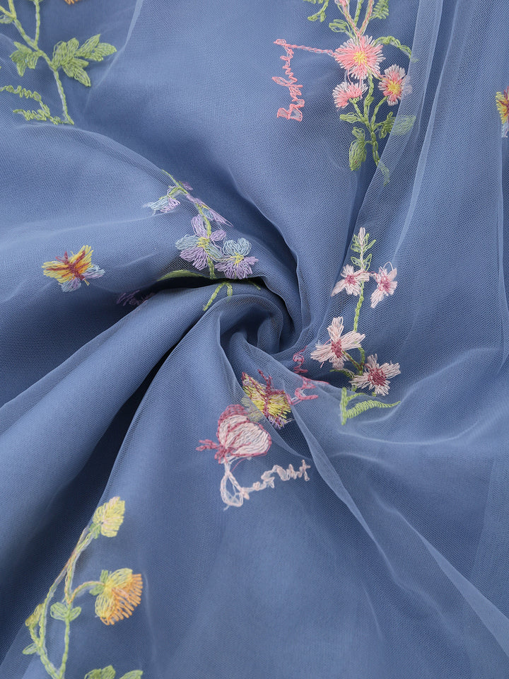 Blue 1930s Floral Embroidered Mesh Long Sleeve Dress - vintage dress, retro fashion, elegant red