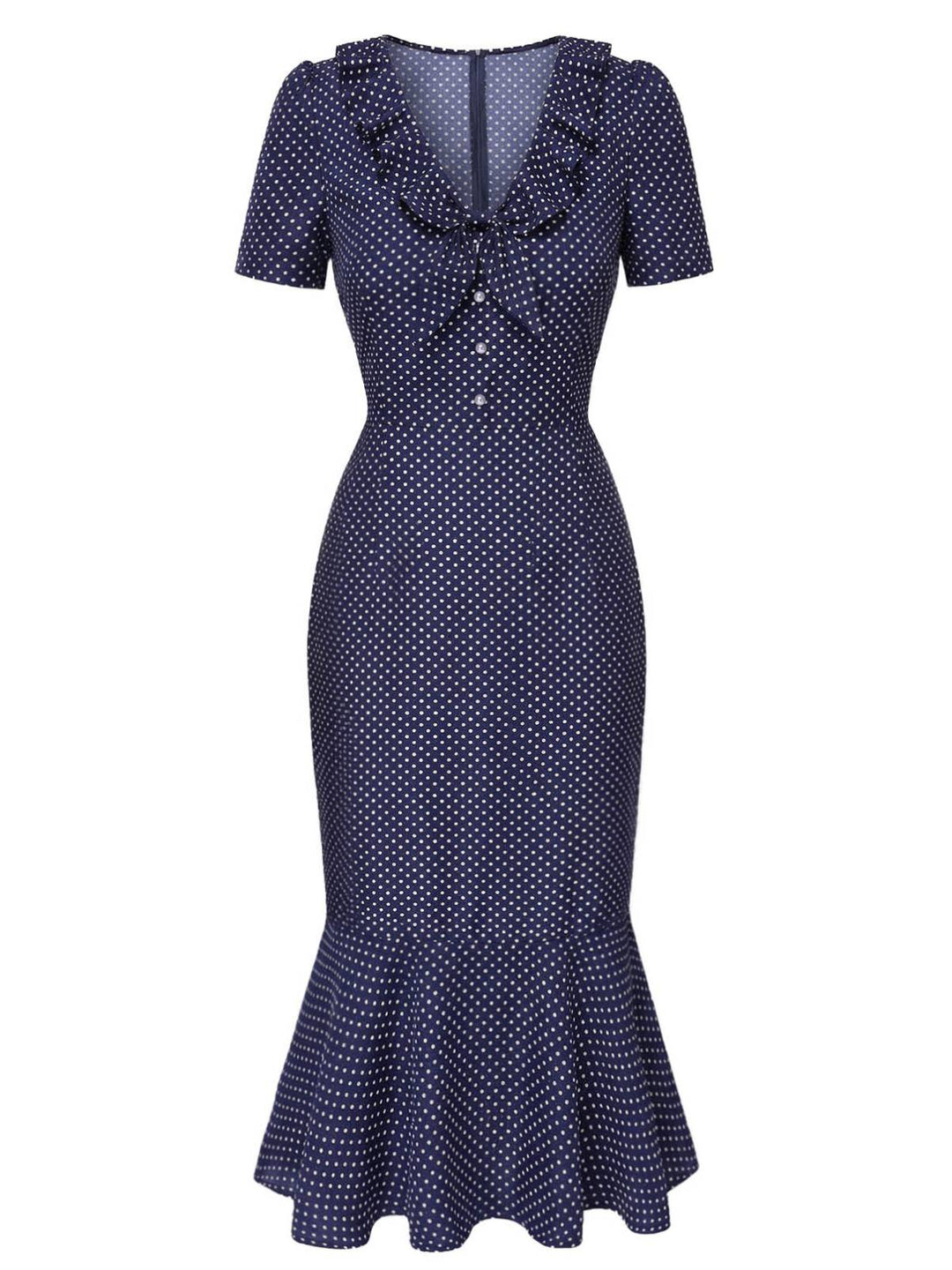 Dark Blue 1930s Polka Dot Ruffled Collar Fishtail Dress - vintage dress, retro fashion