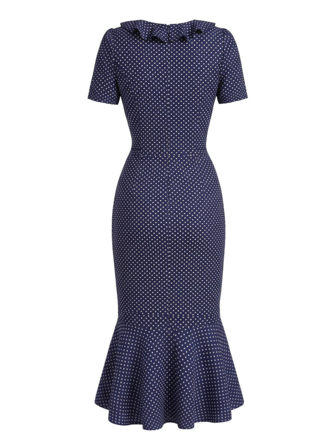 Dark Blue 1930s Polka Dot Ruffled Collar Fishtail Dress - vintage dress, retro fashion
