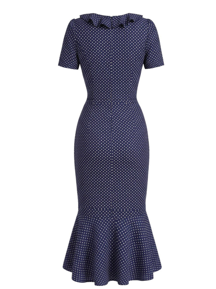 Dark Blue 1930s Polka Dot Ruffled Collar Fishtail Dress - vintage dress, retro fashion