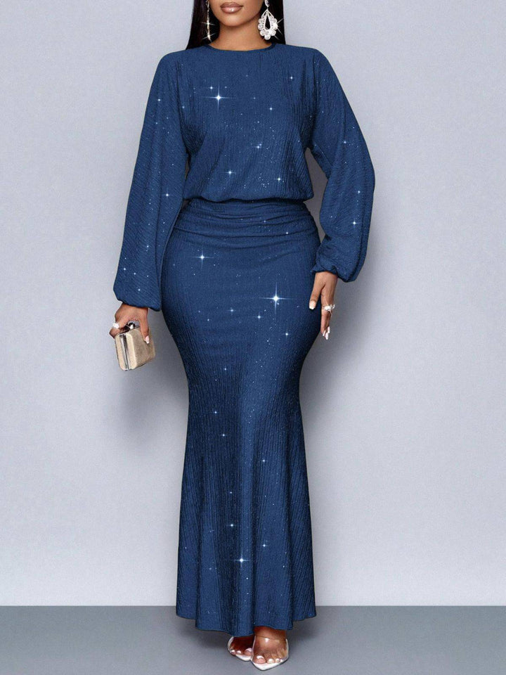1930s Glitter Ruched Lantern Sleeve Knit Fishtail Dress - vintage dress, retro fashion