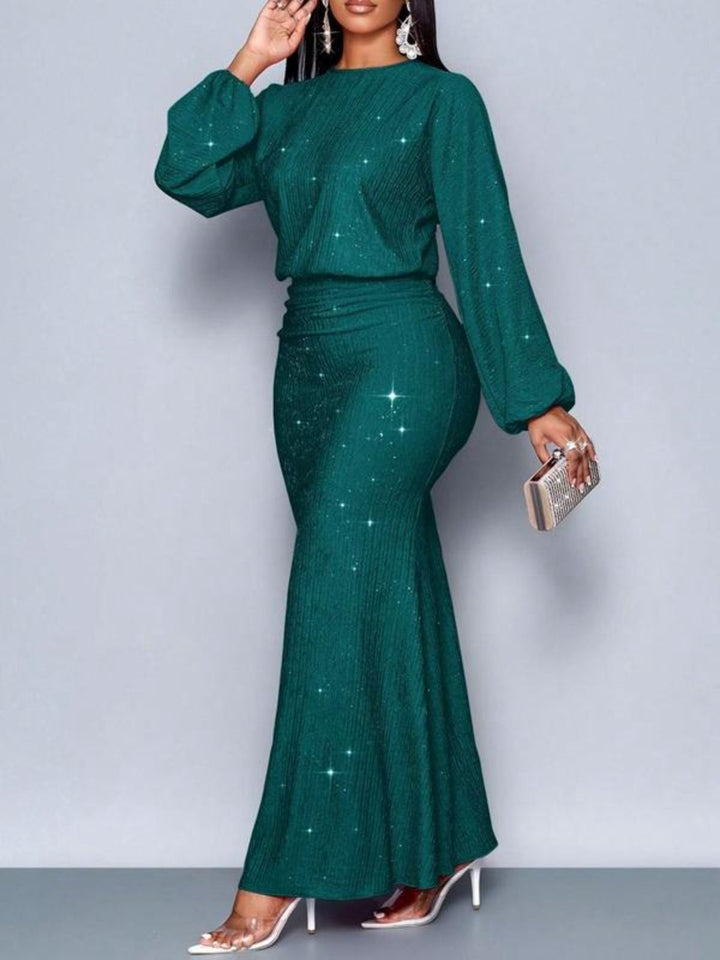 1930s Glitter Ruched Lantern Sleeve Knit Fishtail Dress - vintage dress, retro fashion