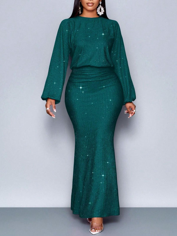 1930s Glitter Ruched Lantern Sleeve Knit Fishtail Dress - vintage dress, retro fashion