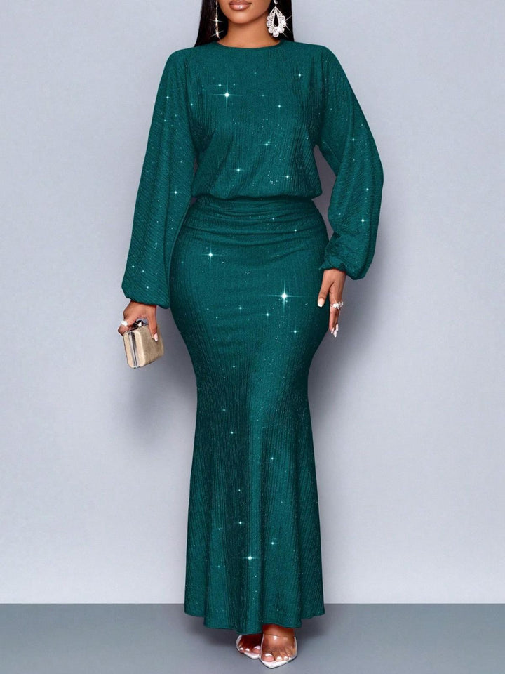 1930s Glitter Ruched Lantern Sleeve Knit Fishtail Dress - vintage dress, retro fashion