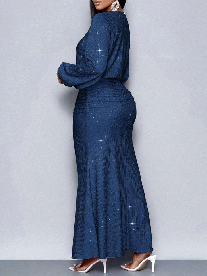 1930s Glitter Ruched Lantern Sleeve Knit Fishtail Dress - vintage dress, retro fashion