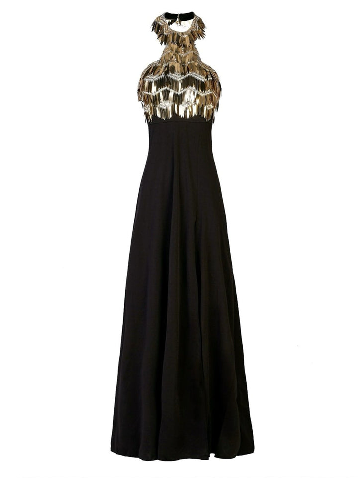 Gold 1930s Sequined Patchwork Halter Backless Evening Dress - vintage dress, retro fashion, glamorous gold