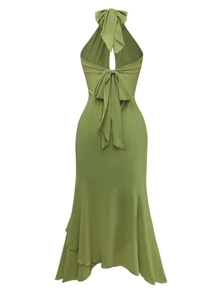 Green 1930s Halter Mesh Backless Chiffon Midi Dress - vintage dress, retro fashion