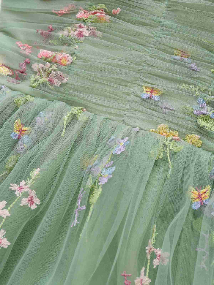 Green 1930s Shoulder Tie Embroidered Floral Mesh Dress - vintage dress, retro fashion, elegant red