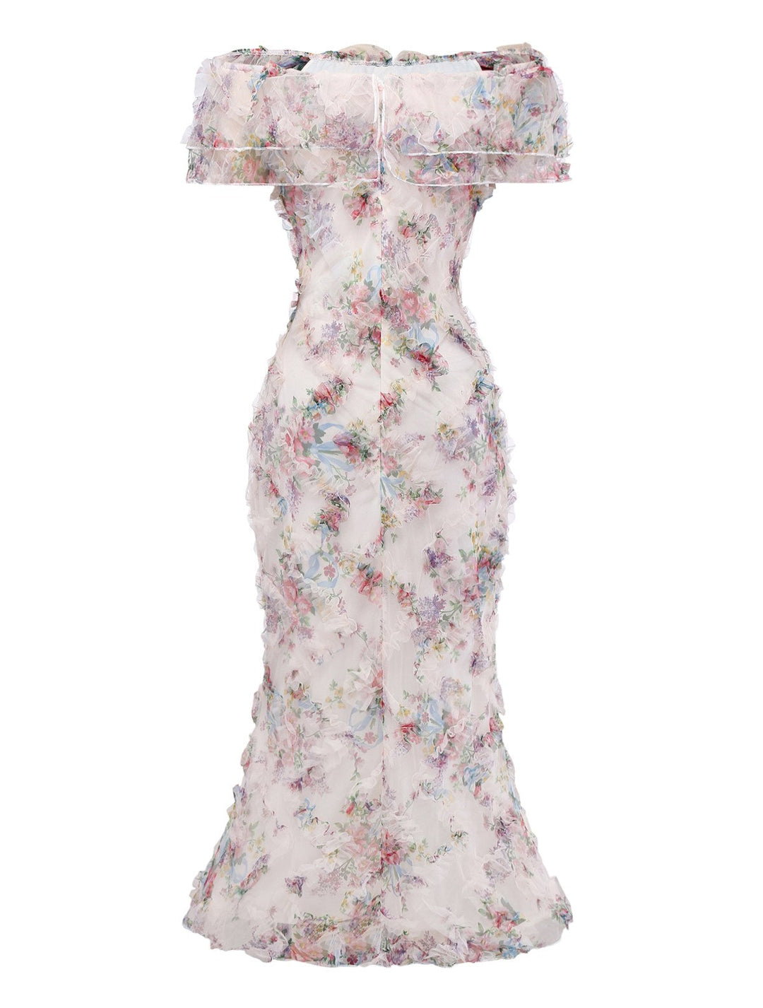 Multicolor 1930s Floral Mesh Off-Shoulder Maxi Dress - vintage dress, retro fashion