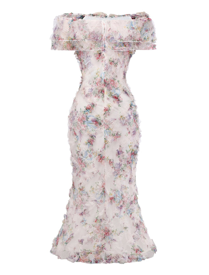 Multicolor 1930s Floral Mesh Off-Shoulder Maxi Dress - vintage dress, retro fashion
