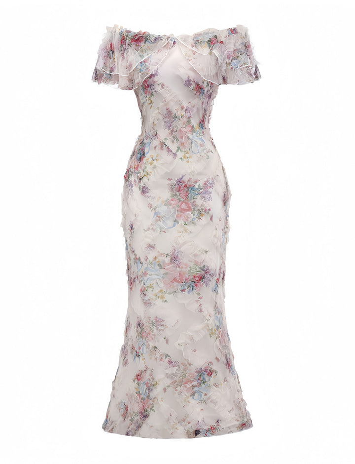 Multicolor 1930s Floral Mesh Off-Shoulder Maxi Dress - vintage dress, retro fashion