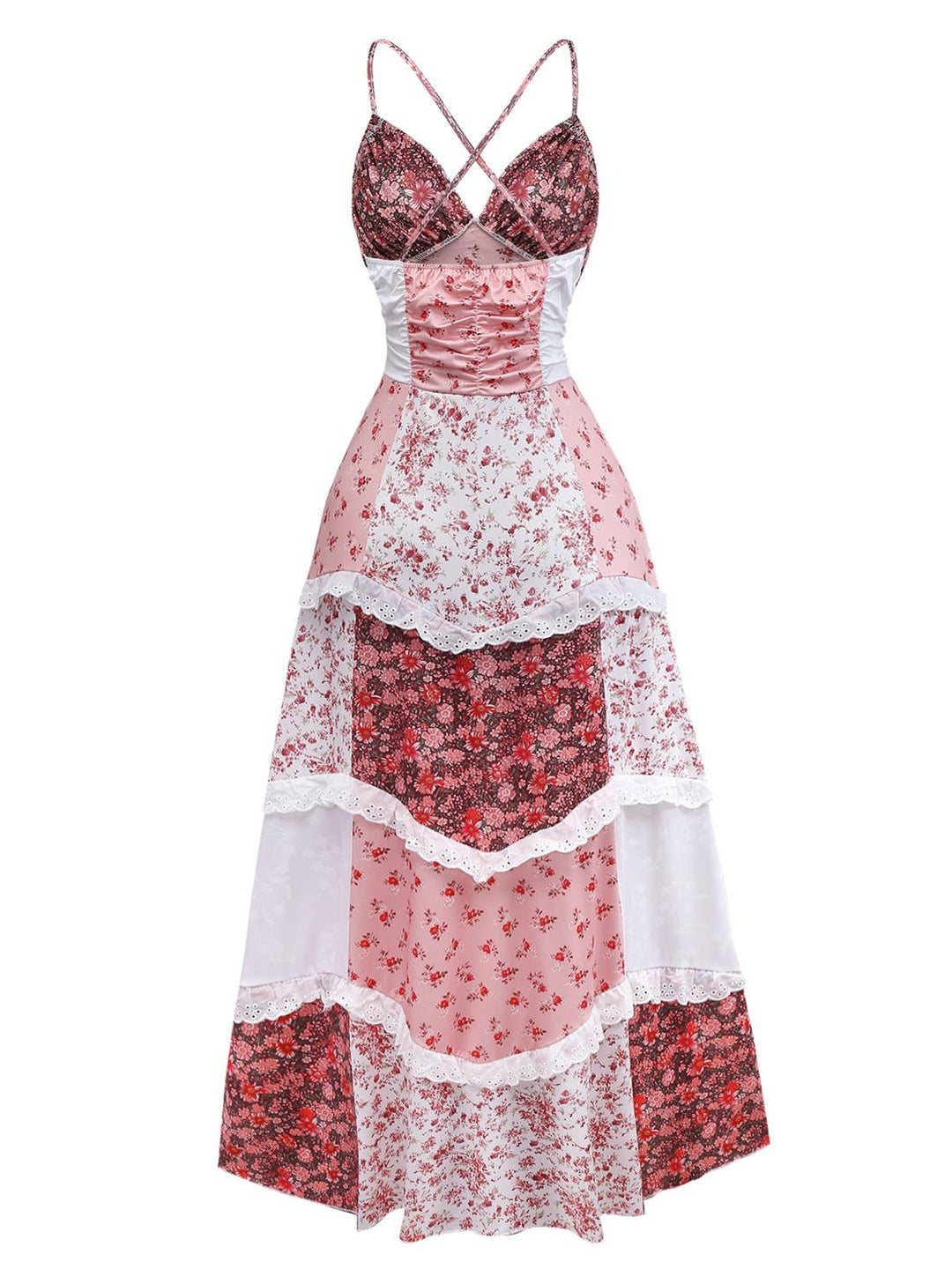 Multicolor 1930s Quilt Floral Print Ruffled Strap Dress - vintage dress, retro fashion