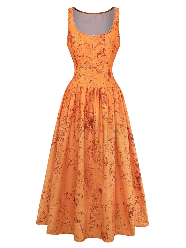 Orange 1930s Cotton Sleeveless Printed Fitted Dress - vintage dress, retro fashion