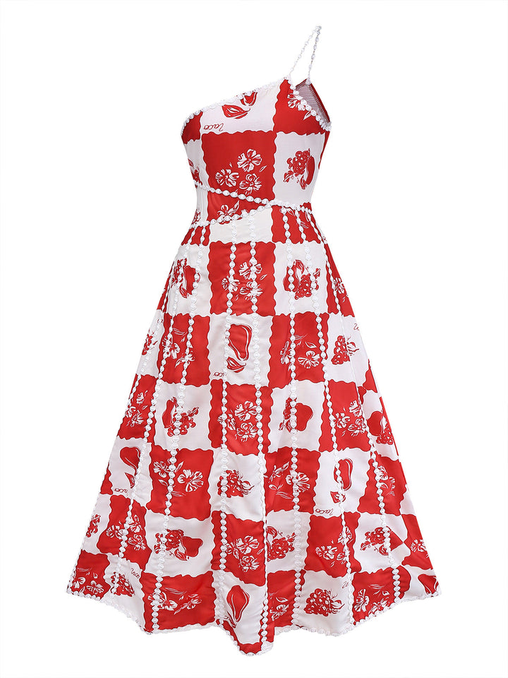 Red 1930s Plaid Floral &amp; Fruit Print Spaghetti Strap Dress - vintage dress, retro fashion, elegant red