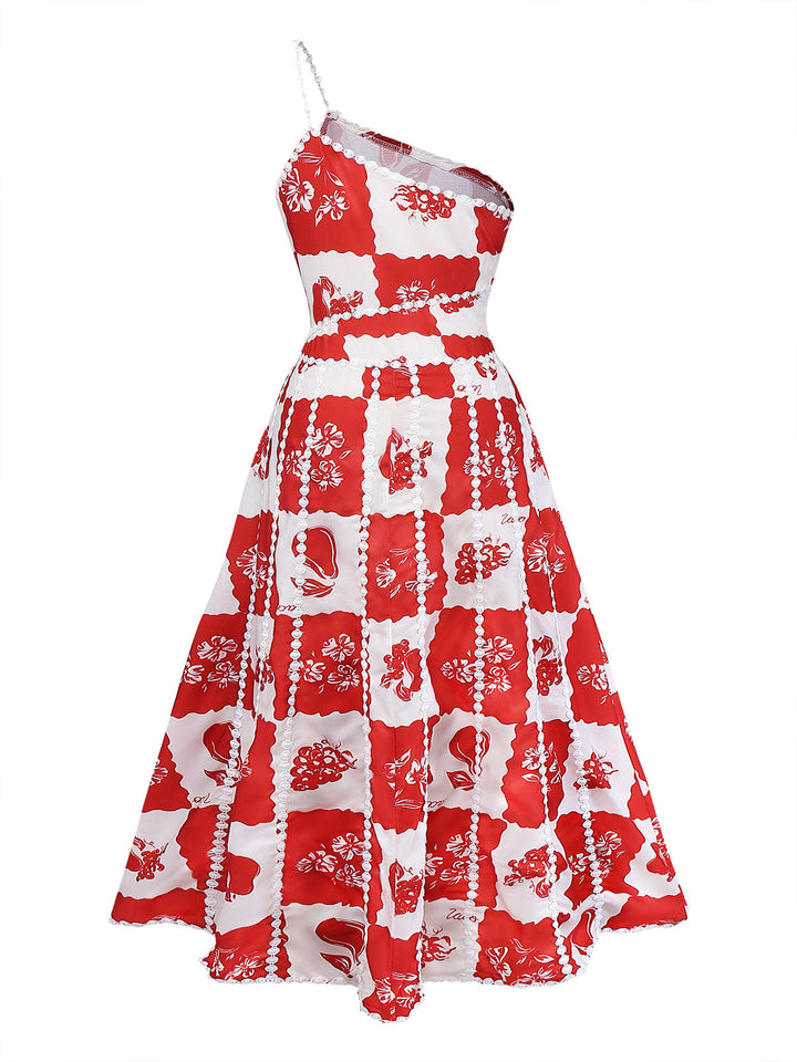 Red 1930s Plaid Floral &amp; Fruit Print Spaghetti Strap Dress - vintage dress, retro fashion, elegant red