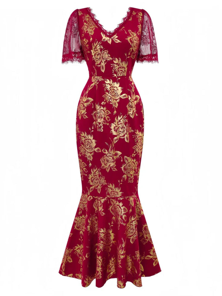 Red 1930s V-Neck Gold Foil Floral Mermaid Sheer Dress - vintage dress, retro fashion, elegant red