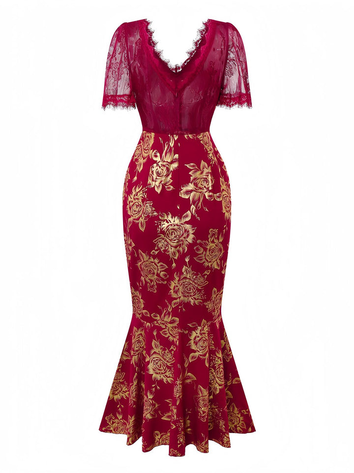 Red 1930s V-Neck Gold Foil Floral Mermaid Sheer Dress - vintage dress, retro fashion, elegant red
