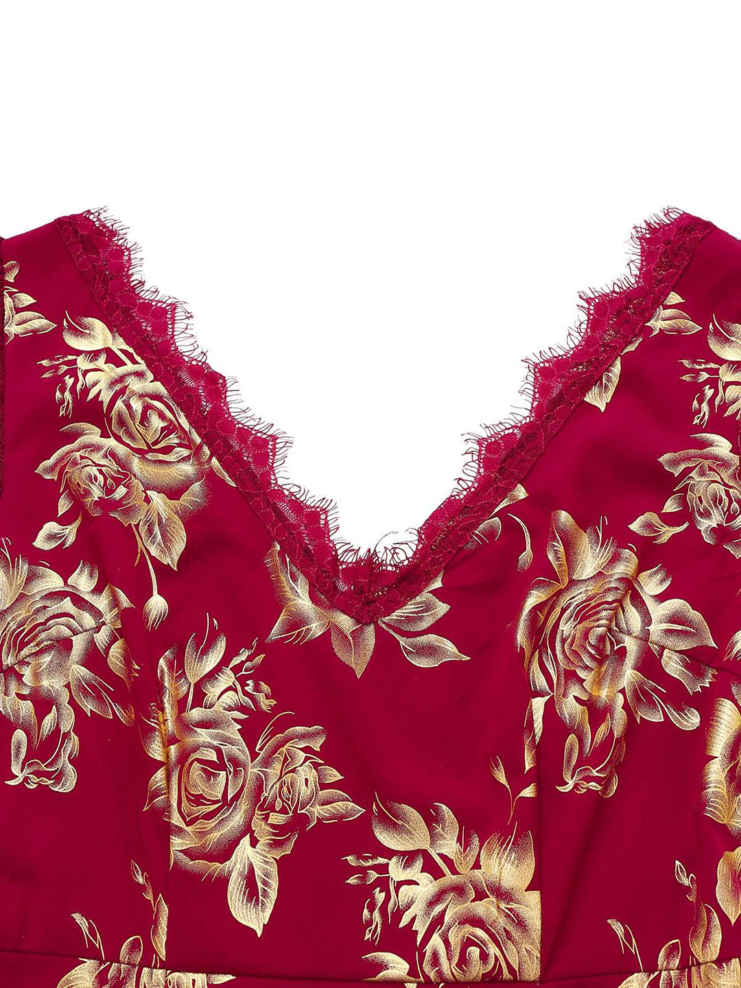 Red 1930s V-Neck Gold Foil Floral Mermaid Sheer Dress - vintage dress, retro fashion, elegant red
