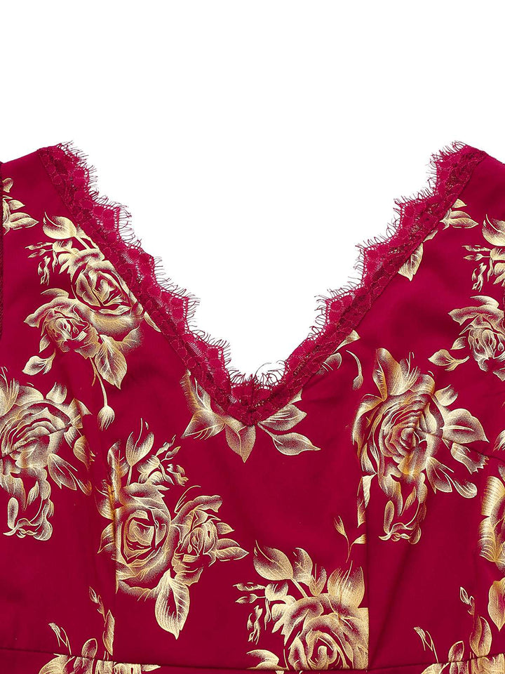 Red 1930s V-Neck Gold Foil Floral Mermaid Sheer Dress - vintage dress, retro fashion, elegant red