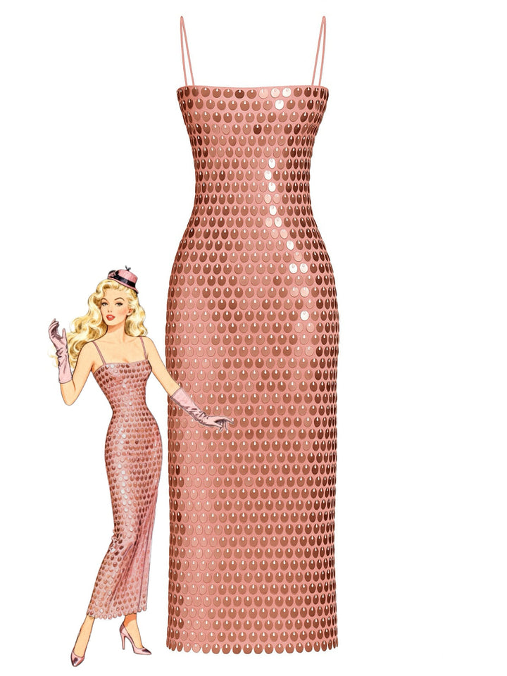 1930s Solid Sequined Back Slit Spaghetti Strap Dress - vintage dress, retro fashion
