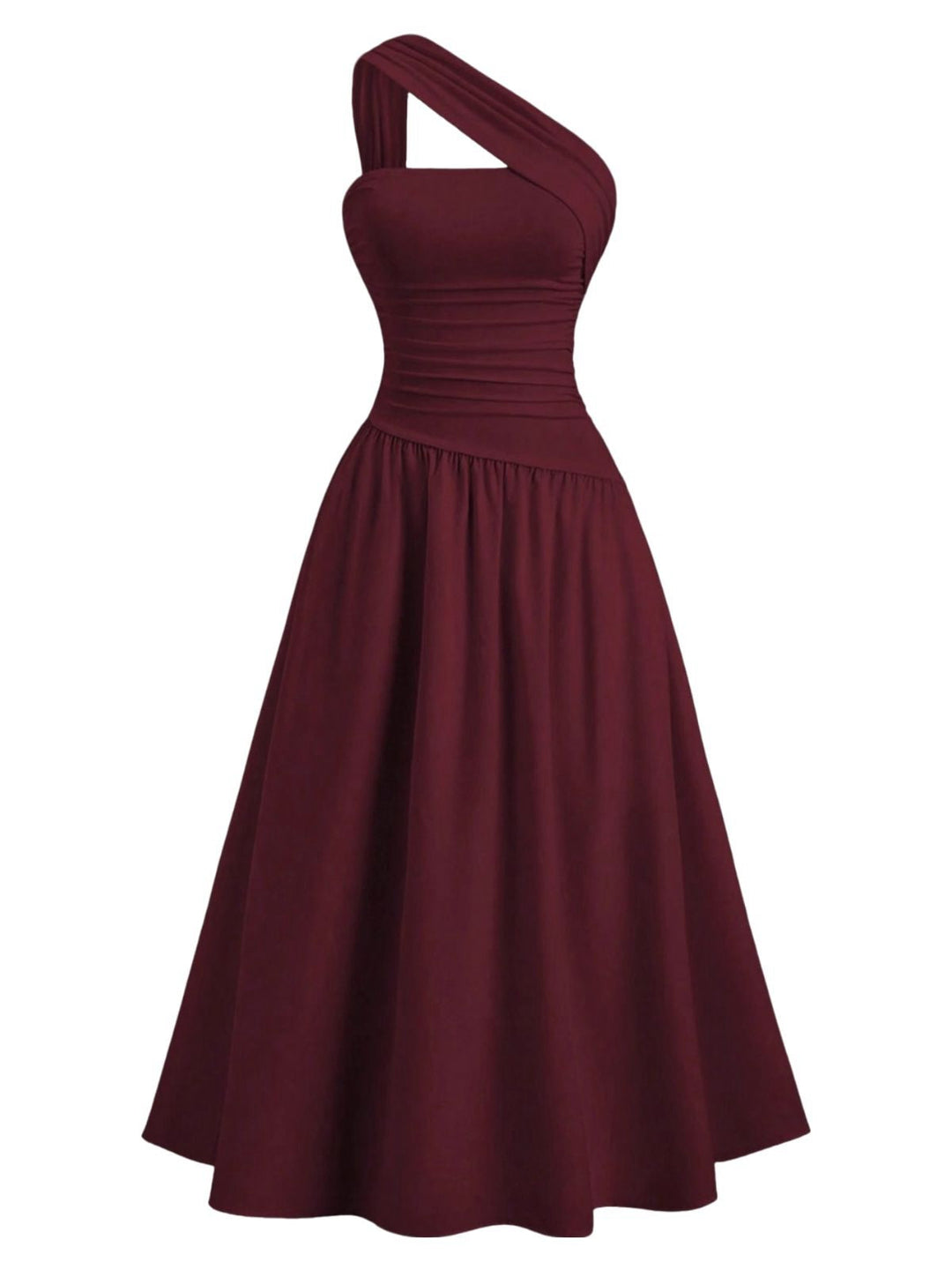 1930s Solid Surplice One-Shoulder Waist Ruched Dress - vintage dress, retro fashion