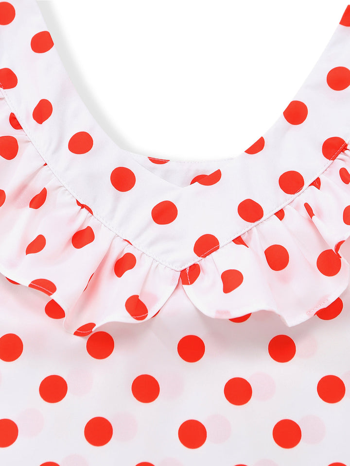 White 1930s Red Polka Dots Off-Shoulder Ruffle Maxi Dress - vintage dress, retro fashion, elegant red