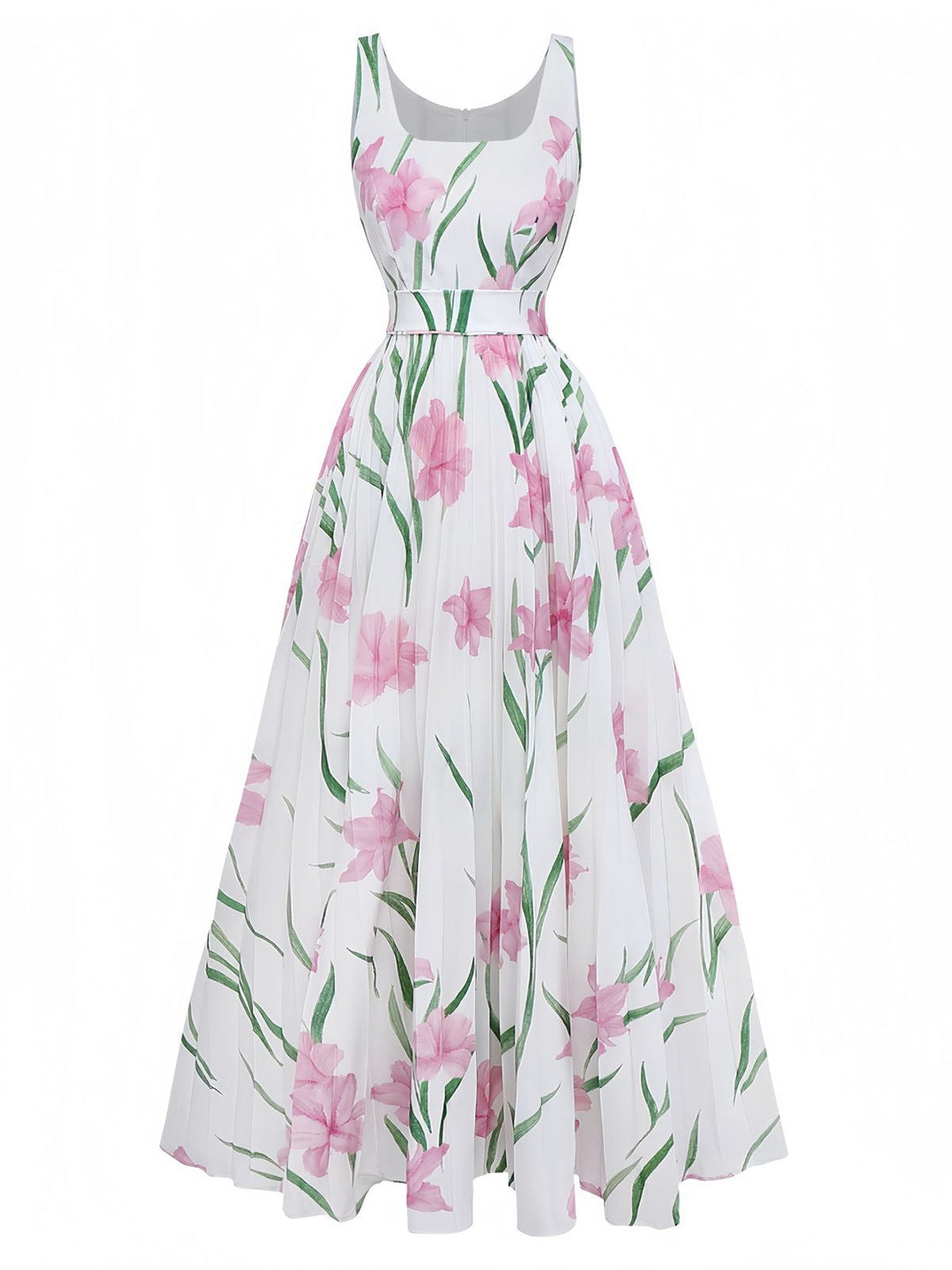 White 1930s Scoop Neck Floral Sleeveless Maxi Dress - vintage dress, retro fashion, pure white