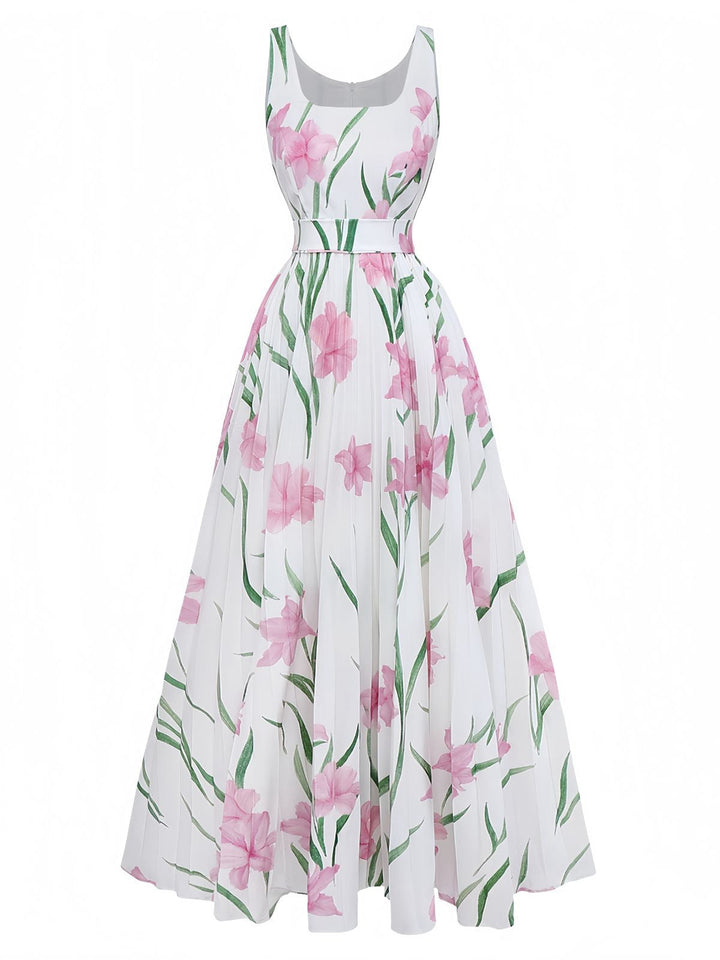 White 1930s Scoop Neck Floral Sleeveless Maxi Dress - vintage dress, retro fashion, pure white