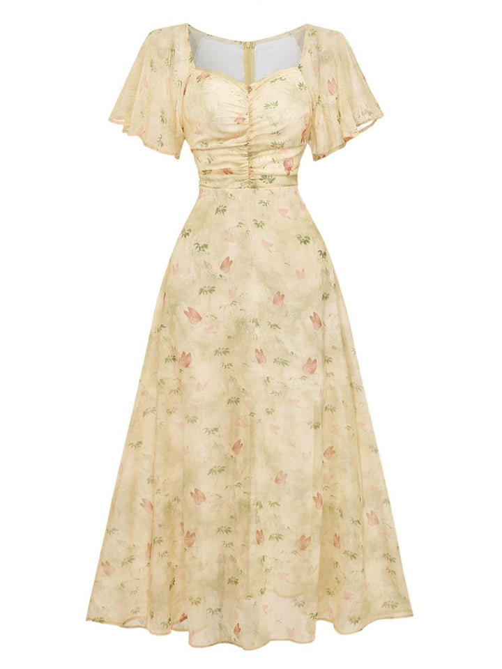Yellow 1930s Butterfly Flutter Sleeve Chiffon Dress - vintage dress, retro fashion