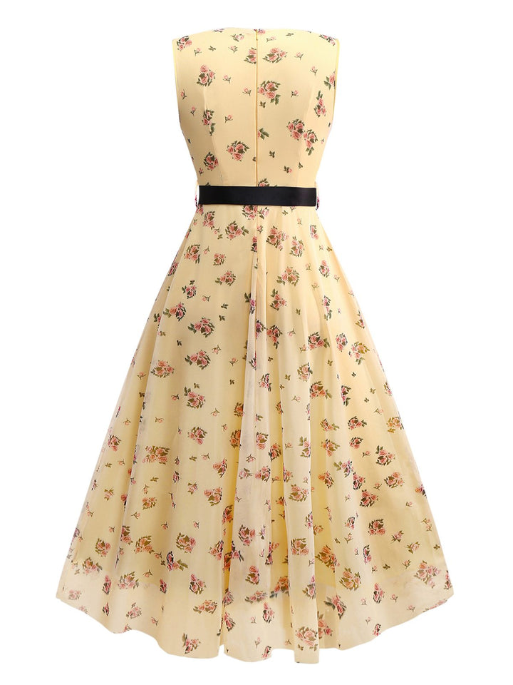 Yellow 1930s Ditsy Floral Mesh Sleeveless Ribbon Dress - vintage dress, retro fashion
