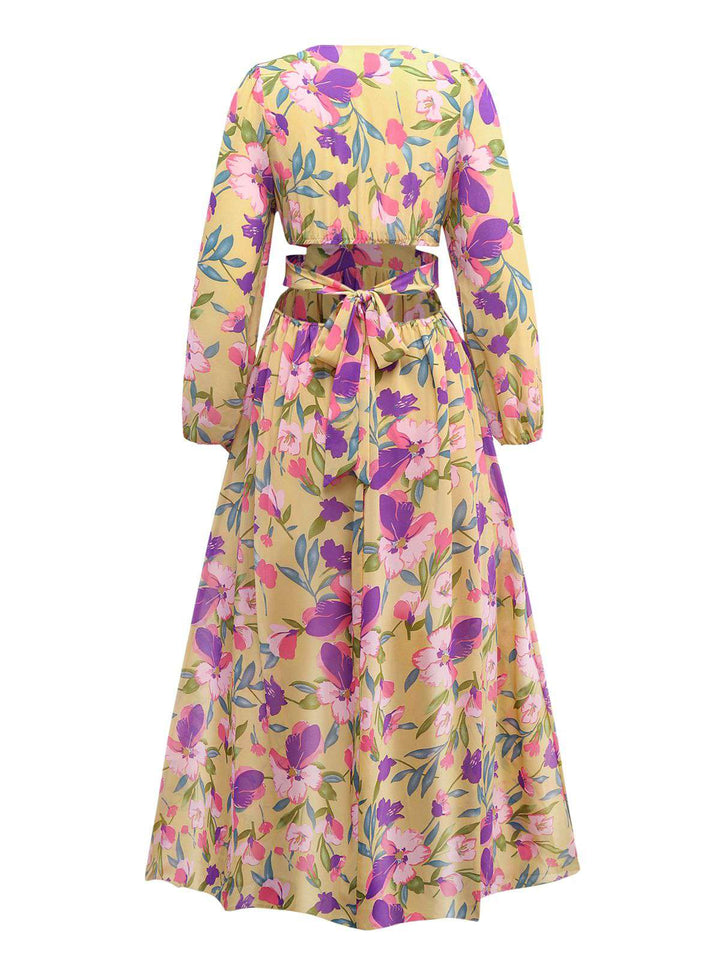 Yellow 1930s Floral Ruffled Deep V-Neck Cutout Dress - vintage dress, retro fashion