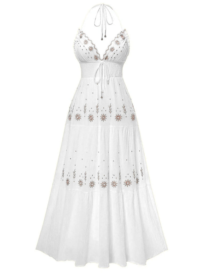 1930s Embroidered Floral Deep V-Neck Textured Dress - vintage dress, retro fashion, elegant red