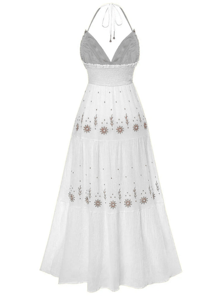 1930s Embroidered Floral Deep V-Neck Textured Dress - vintage dress, retro fashion, elegant red
