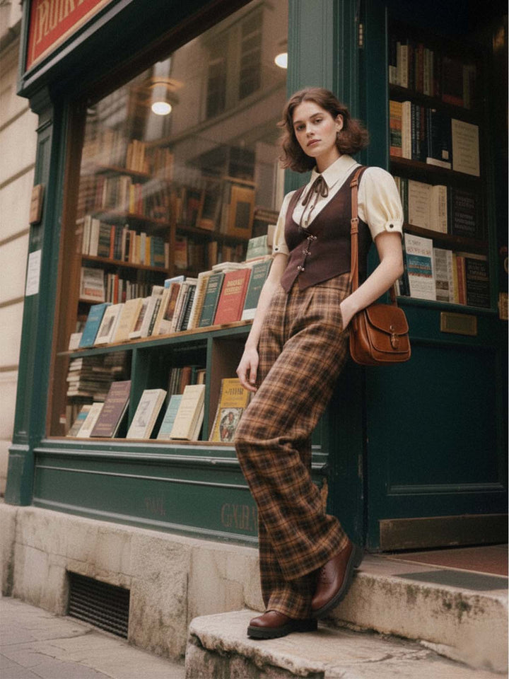1930s Faux 3PCS Bow Plaid Jumpsuit - vintage jumpsuit, retro fashion