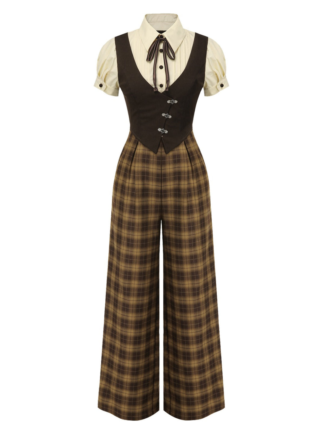 Brown 1930s Faux 3PCS Bow Plaid Jumpsuit, vintage romper, retro jumpsuit - perfect for women who love vintage and retro fashion