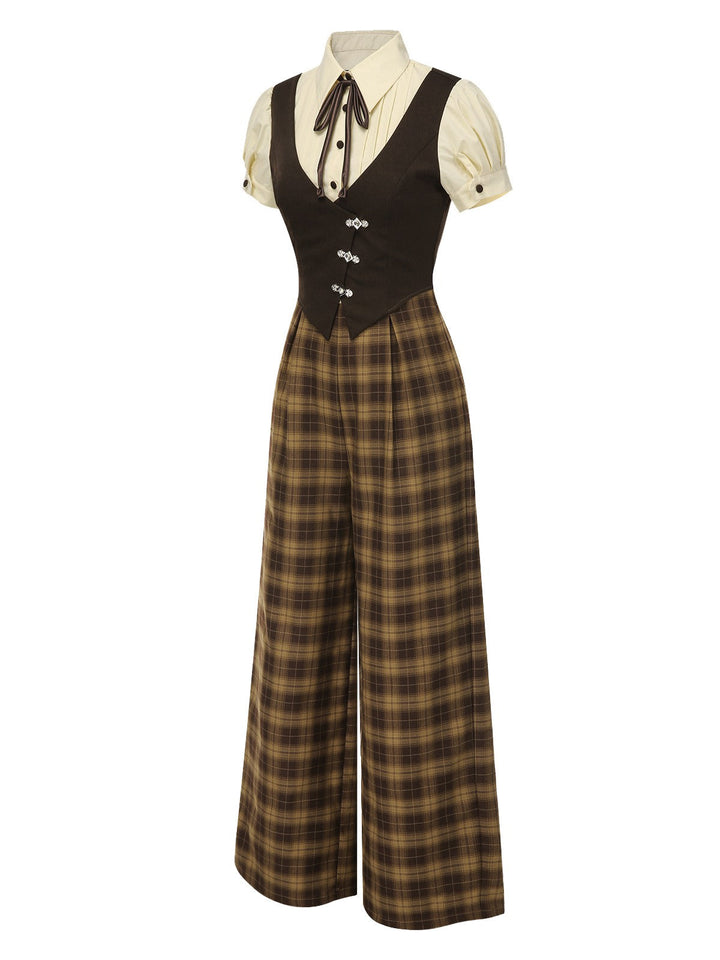 Brown 1930s Faux 3PCS Bow Plaid Jumpsuit, vintage romper, retro jumpsuit - perfect for women who love vintage and retro fashion