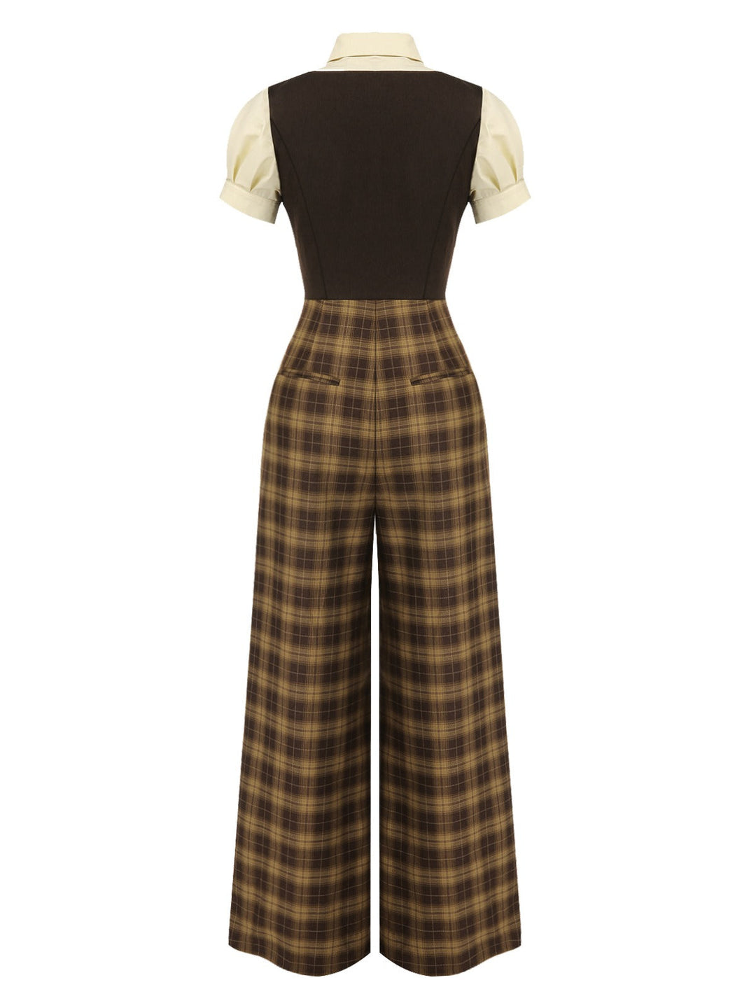 Brown 1930s Faux 3PCS Bow Plaid Jumpsuit, vintage romper, retro jumpsuit - perfect for women who love vintage and retro fashion