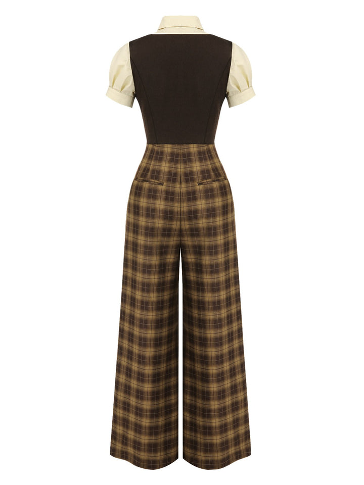 Brown 1930s Faux 3PCS Bow Plaid Jumpsuit, vintage romper, retro jumpsuit - perfect for women who love vintage and retro fashion