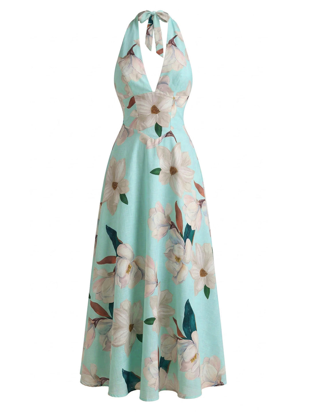 1930s Floral Halter V-Neck Lace-Up Dress: beautiful vintage dress, retro fashion, elegant style with timeless appeal