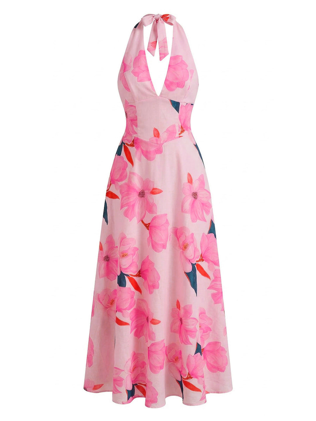 1930s Floral Halter V-Neck Lace-Up Dress - vintage dress, retro fashion, elegant style for vintage lovers