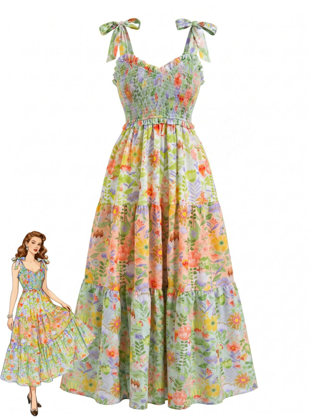 1940s Vintage Floral V Neck Dress