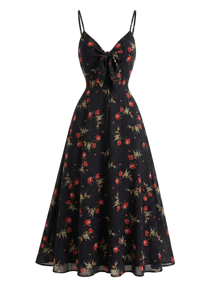 Black 1930s Rose V-Neck Bohemian Slip Dress, vintage dress, retro fashion, women, elegant