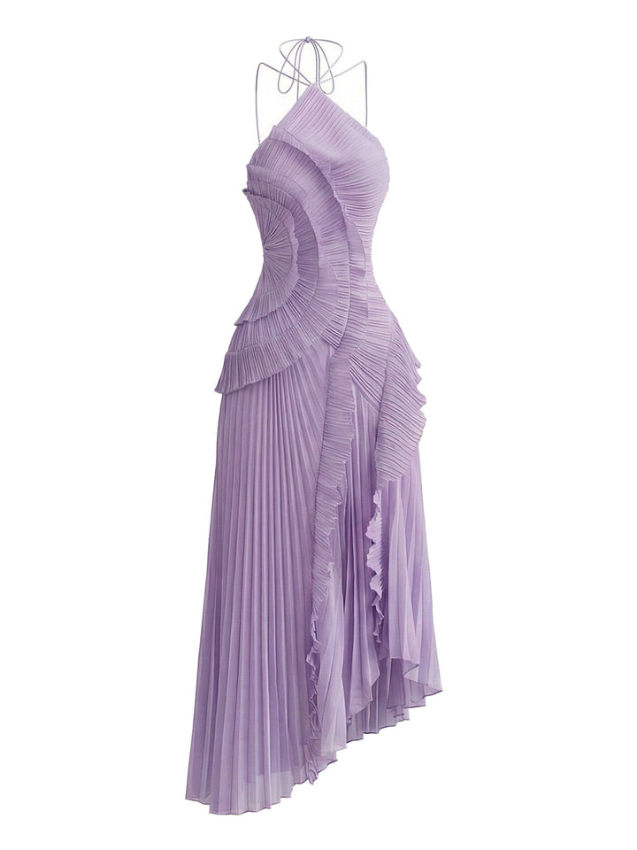 1930s Halter Ruffle Pleated Slit Maxi Dress - vintage dress, retro fashion for vintage lovers