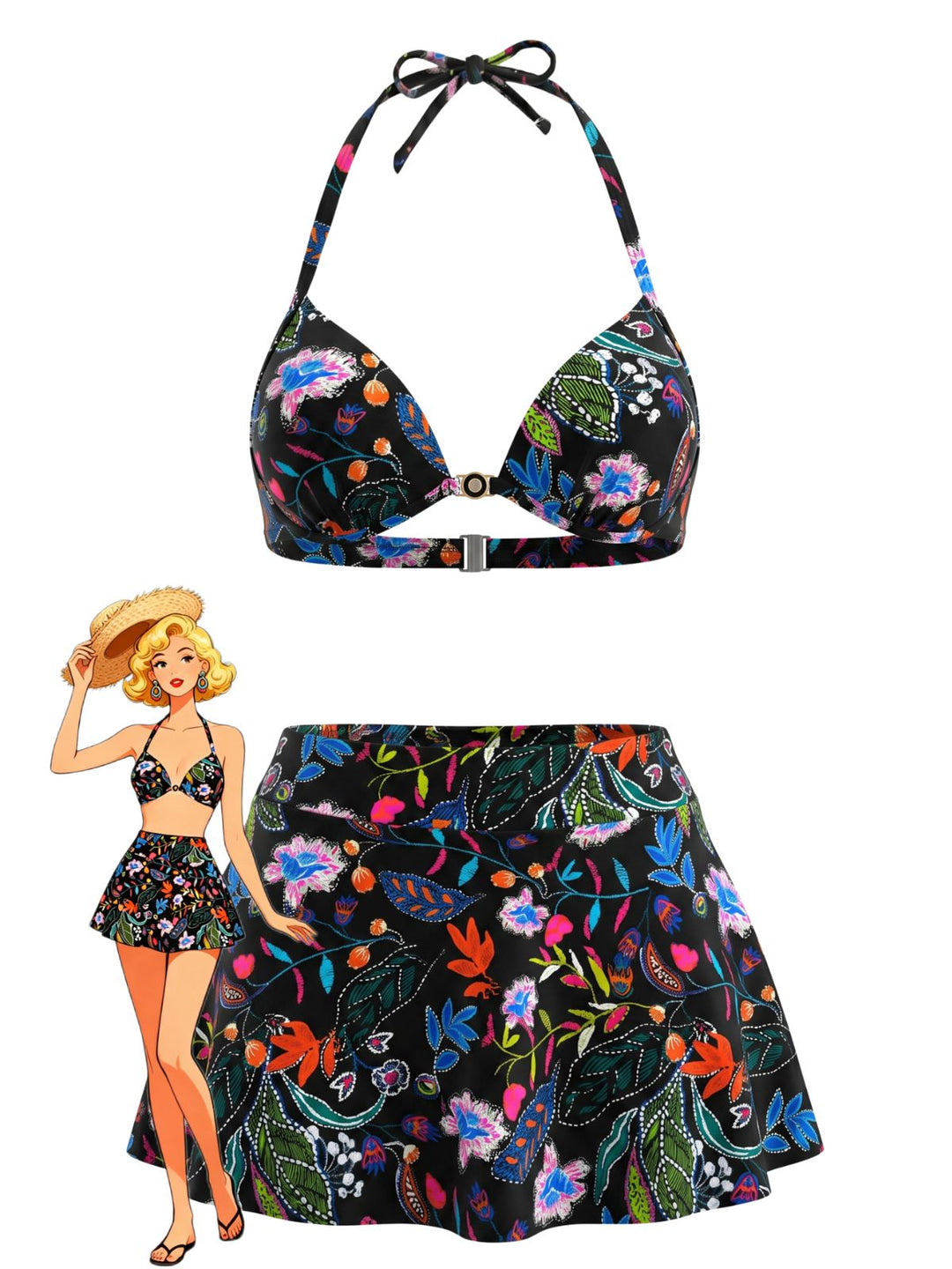 Floral Print High Waist Skirted Bikini Set, vintage skirt, retro style - perfect for women who love vintage and retro fashion